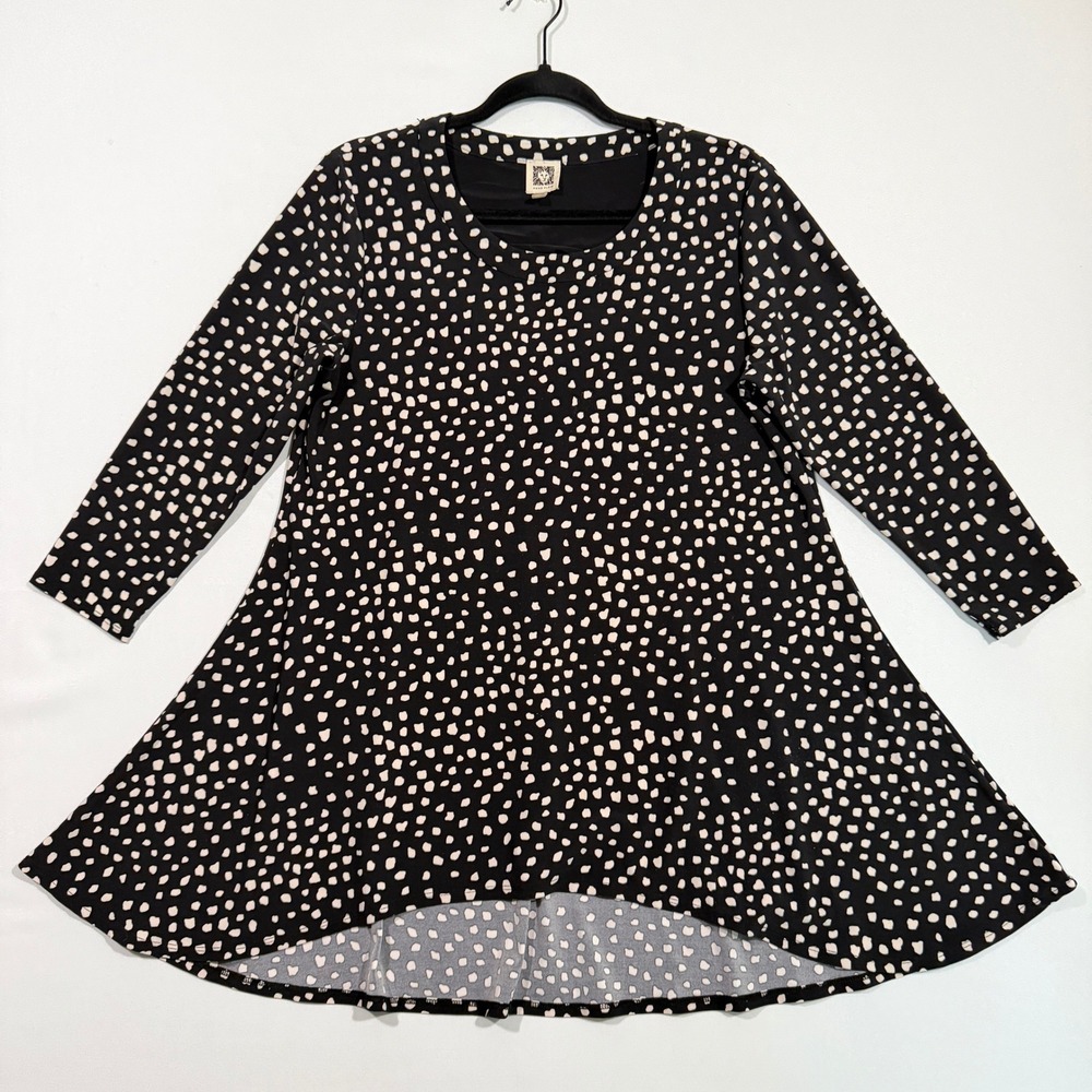 Anne Klein Tunic M Black White Abstract Dot Hi Low Flared Peasant Womens